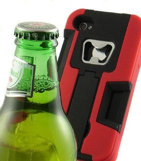 RED BLACK BOTTLE OPENER RUBBER HARD CASE STAND WALLET FOR APPLE iPHONE 4S 4: Cell Phones & Accessories