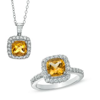 0mm Cushion Cut Citrine and Lab Created White Sapphire Pendant and