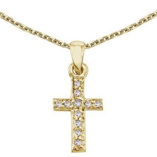 14K Yellow Gold Small Diamond Cross Pendant with 18" Chain: Jewelry