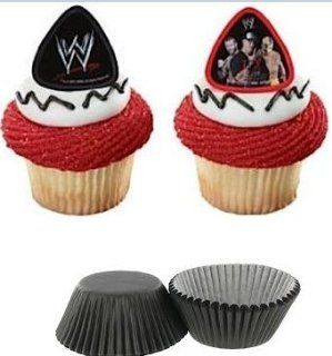 Cakesupplyshop Packaged WWE Wrestling 12ct Cupcake Cake Decoration Rings with 12 Black Baking Cups: Everything Else