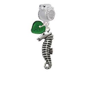 Antiqued Seahorse Frog Charm Bead with Green Leaf: Jewelry