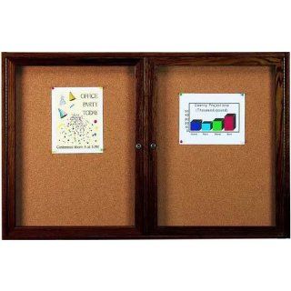 3'H x 6'W Enclosed Red Oak Bulletin Board, Walnut Finish, 2 Doors : Office Products