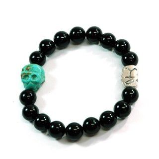 Unisex Black Onyx Gemstone "Control" Bracelet with Tibetan Turquoise Skull Handmade: Stretch Bracelets: Jewelry