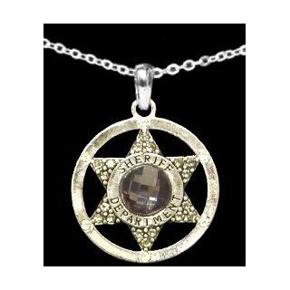 From the Heart Sheriff Necklace with Gray Multifaceteden Crystal in the Center of Star inside of a Circular Charm. Sheriff Department is engraved on the Circle. 18 inch Silver Plated Necklace arrives in a Gift Box. Perfect Gift for a Sheriff,Sheriff's 