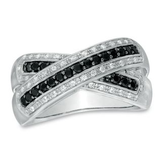 CT. T.W. Enhanced Black and White Diamond X Ring in Sterling