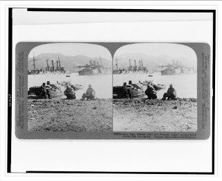 Historic Print (M): Russian ships 'Pallada' (left) and 'Pobieda' (right) wrecked below Golden Hill, Port Art  