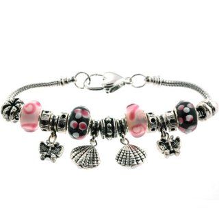 Fanciful Pandora Style Charm Bracelets in Black and Pink Beads   Butterfly and Shell Charms   7'' Snake Chain with Heart Shaped Lobster Clasp Jewelry