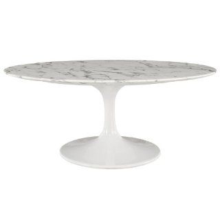 LexMod Lippa Oval Shaped Marble Coffee Table, 42 Inch, White  
