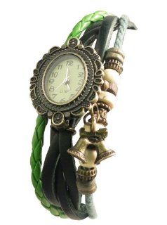 Women's Vintage Green Bracelet Watch with Bells Charm: Watches