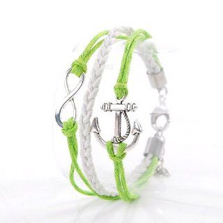 Never Ending Love Green Wax Rope Braided Bracelet with Anchor and Infinity Symbol 7 7/8": Jewelry