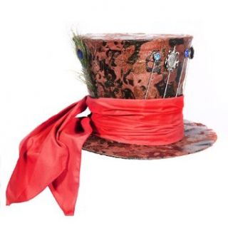 HMS The Mad Rabbit Hat Handmade Velour Finish with Metal Tie Pins Full Sash and Feather Trim, Brown, One Size: Clothing