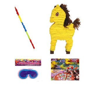 Yellow Horse Pinata Party Pack / Kits Including Pinata, Bit of Everyones Favorites Candy Filler Mix 2lb, Buster Stick and Blindfold: Toys & Games