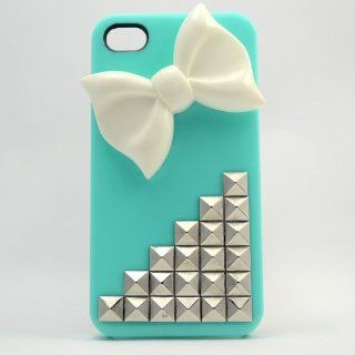 Morechoice Punk Style DIY Unique Handmade Customization White Bow & Silver Pyramid Studs Iphone 5 5S Case Studded iPhone 5 Case   Blue: Cell Phones & Accessories