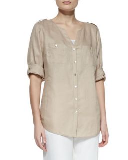 Linen Button Front Tunic, Womens   Go Silk   Sesame (1X (16 18W))