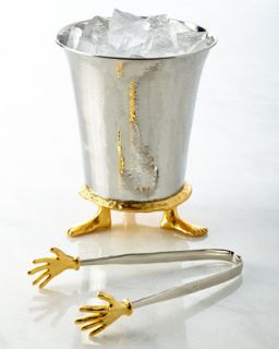 Footed Ice Bucket & Cold Hands Ice Tongs   Michael Aram   Silver