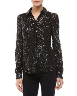 Womens Floral Lace Sequined Blouse   Black (2)