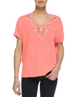 Womens Petal Cutwork Double V Tee, Coral   Free People   Coral (SMALL)