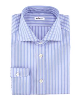 Mens Striped Poplin Dress Shirt, Blue   Kiton   Blue (16)