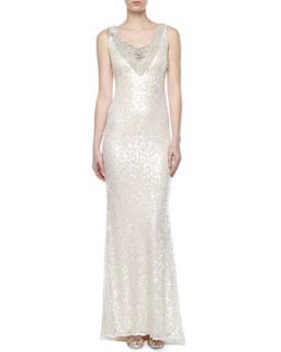 Womens V Neck Sequined Lace Gown   Badgley Mischka   Pearl (2)