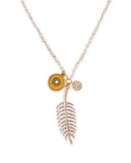 Pave Feather Talisman Necklace with Light Blue Beads   Sequin   White/Gold