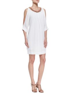 Womens Bead Neck Cold Shoulder Dress   Nicole Miller Artelier   White (PETITE)