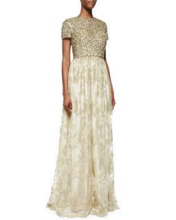 Womens Short Sleeve Sequin Bodice Gown   Badgley Mischka Collection   Gold (2)