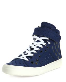 Mens Perforated Leather High Top Sneaker, Blue   Pierre Hardy   Blue (43/11D)