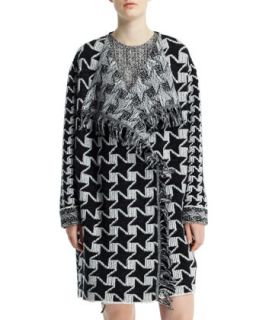 Womens Houndstooth Blanket Coat with Fringe, Black/Chalk   Stella McCartney  