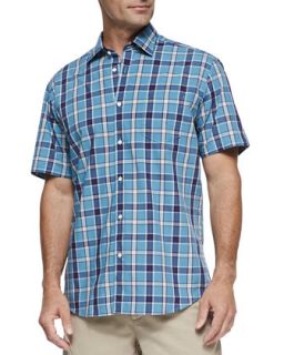Mens Large Plaid Short Sleeve Shirt, Turquoise   Turquoise (MEDIUM)