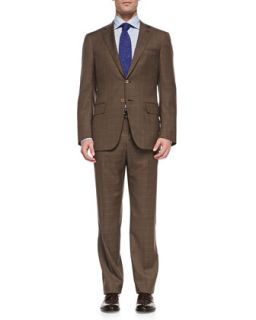 Mens Windowpane Two Button Suit, Brown   Isaia   (44L)