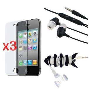 Premium 3 Pack Anti Glare Screen Protector + 3.5mm Earphone Stereo Headset + Fishbone Headset Wrap for Apple iPhone 4S 4G Cell Phones & Accessories