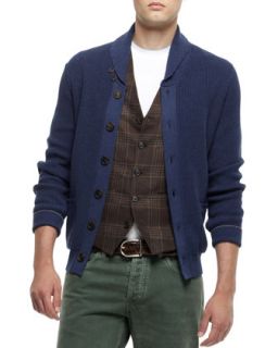 Mens Buttoned Shawl Collar Cardigan, Navy   Brunello Cucinelli   Blue (48)