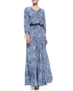 Womens Denim Print Drawstring Maxi Dress   LAgence   Indigo denim prnt