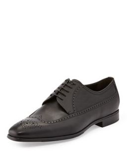 Mens Leather Wing Tip Derby Shoe, Black   A.Testoni   Black (12)