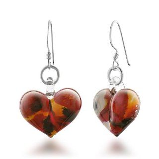 925 Sterling Silver Hand Blown Venetian Murano Glass Wild Flower Heart Shape Dangle Earrings 1.4'' Jewelry