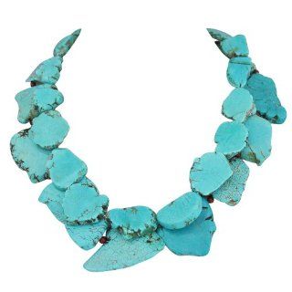 Chunky Turquoise Necklace, Statement Necklace   Two Strands 18.5 Inches Bluish Green Turquoise Necklace With Red Beads: Jewelry