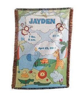 Personalized Baby Information Jungle Throw Blue   New Baby Gift  Nursery Blankets  Baby