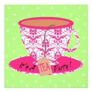 Pink Damask with Green Tea Cup Tea Party Birthday Custom Invites