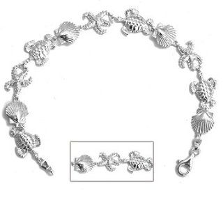 925 Sterling Silver Nautical Charm Bracelet, Turtle, Shell & Starfish Sea: Jewelry