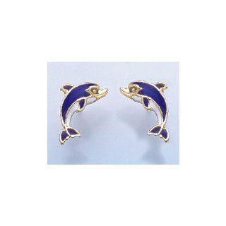 14k Gold Nautical Post Earrings, Dolphin With Blue & White Enamel: Million Charms: Jewelry