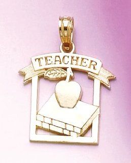 14k Gold Necklace Charm Pendant, Teacher Frame With Apple & Book: Jewelry