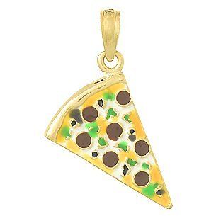 14k Gold Necklace Charm Pendant, Small Pepperoni Pizza Slice With Enamel Million Charms Jewelry