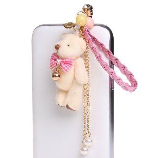 Miss Darcy Lovely Beige Bear and Pink Braided Rope Crystal Pearls Cellphone Charms Anti Dust Dustproof Earphone Audio Headphone Jack Plug Stopper for iPhone 4 4S 5 5S Samsung Galaxy S3 S4: Cell Phones & Accessories