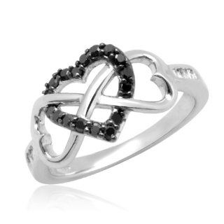 10k White Gold Black and White Diamond Three Heart Love Knot Ring (1/4 cttw, I J Color, I3 Clarity), Size 5: Jewelry