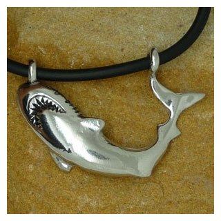 Shark Ocean Great White Pewter Pendant W PVC Necklace SHINY POLISHED: Jewelry