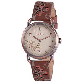 Kahuna Ladies brown cut through floral leather strap watch