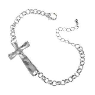 Womens Religious Inspirational Artisan textured Sideways Cross Bracelet •Features: * Worn Silver Plating * Artisan textured Cross * Approx. Length: 7 1/2" + Extender * Lobster Clap Closure •Perfectly Pairedelongated, Artisan textured Cro
