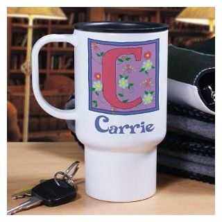 Personalized Floral Initial Travel Mug: Kitchen & Dining