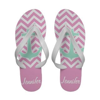 Girly Pink Chevron Teal Anchor Fashion Monogram Flip Flops