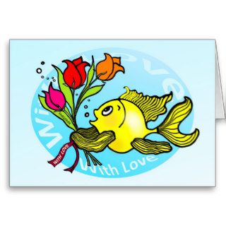 Valentine Fish with love flowers cute fun cartoon Greeting Card